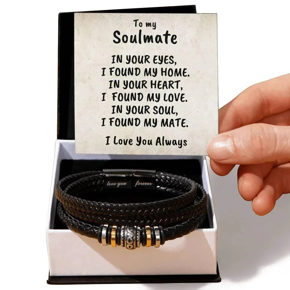 Soulmate Men's Braided Bead and Leather Bracelet with Personalized Heartfelt Message Card