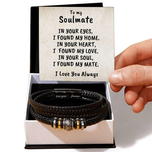 Soulmate Men's Braided Bead and Leather Bracelet with Personalized Heartfelt Message Card - Mallard Moon Gift Shop