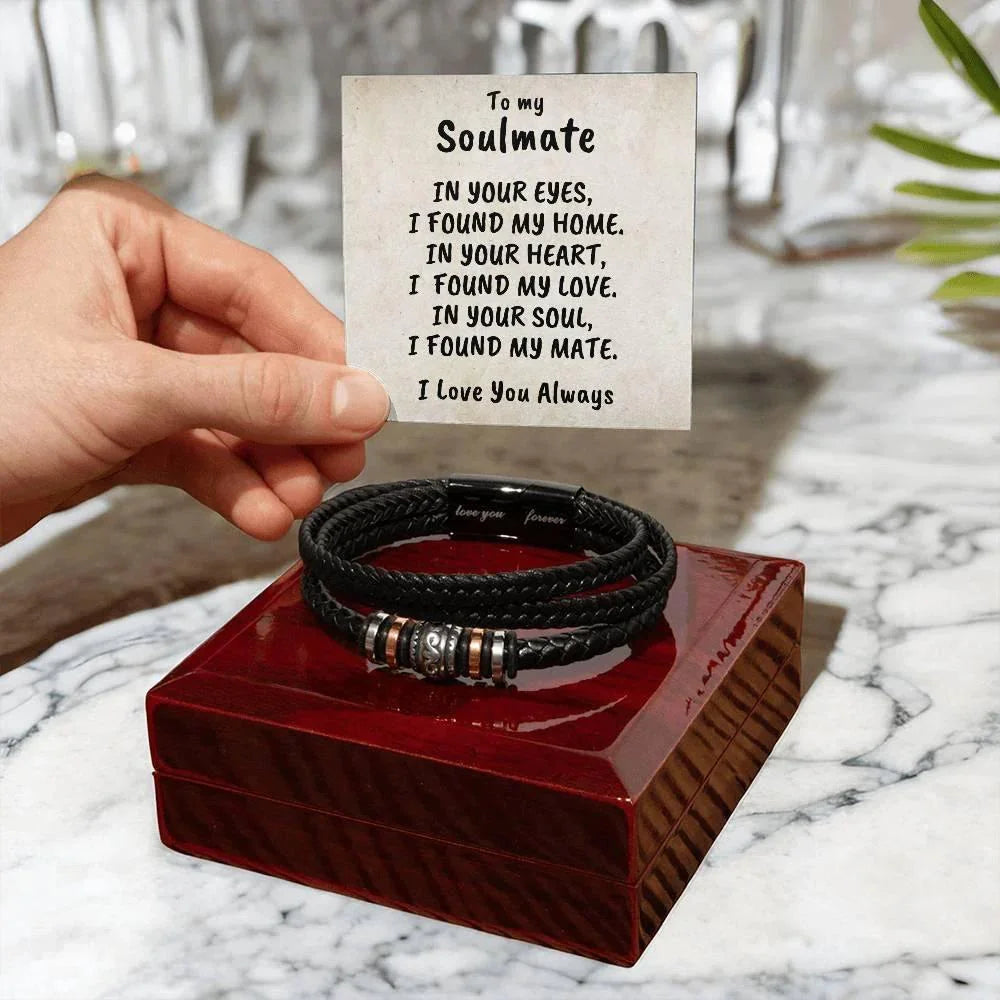 Soulmate Men's Braided Bead and Leather Bracelet with Personalized Heartfelt Message Card