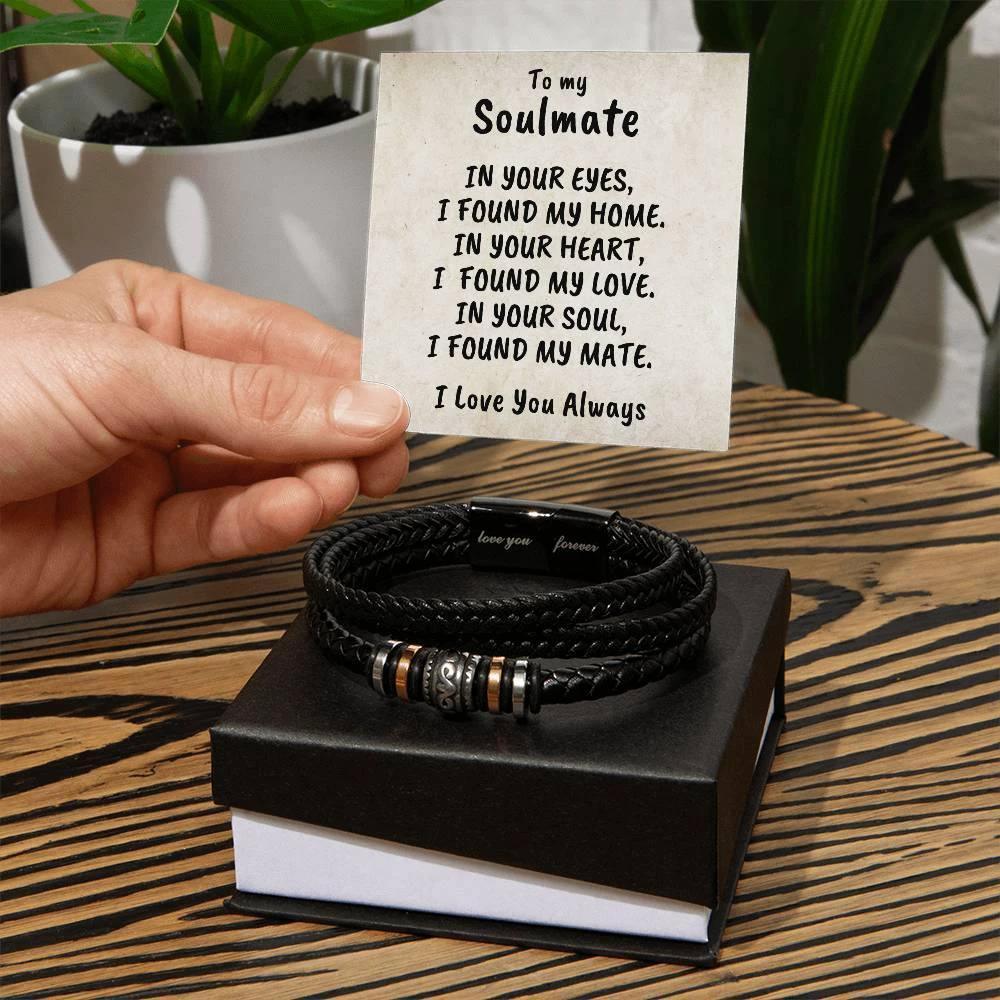 Soulmate Men's Braided Bead and Leather Bracelet with Personalized Heartfelt Message Card