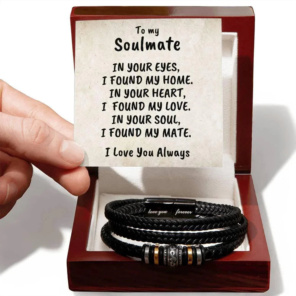 Soulmate Men's Braided Bead and Leather Bracelet with Personalized Heartfelt Message Card