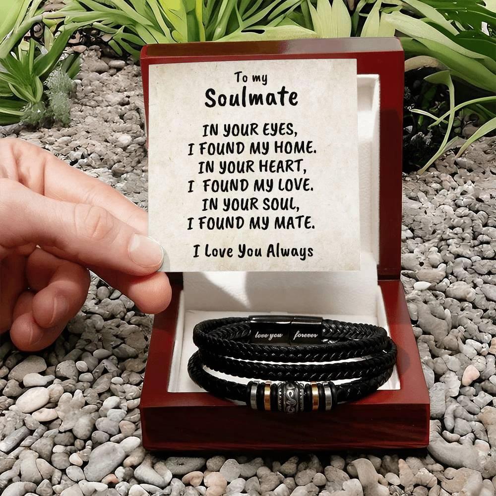Soulmate Men's Braided Bead and Leather Bracelet with Personalized Heartfelt Message Card