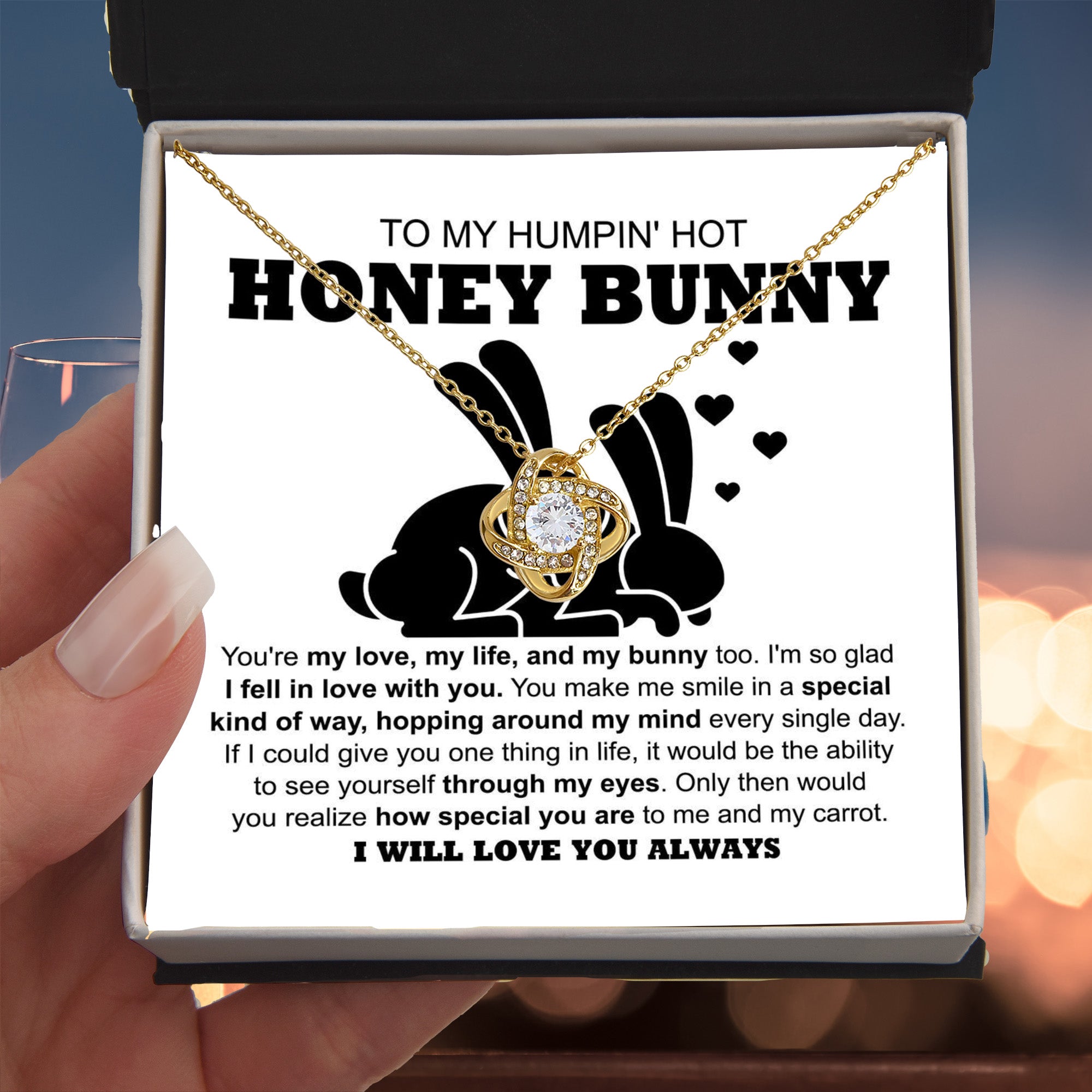 To My Hot Honey Bunny - Love Knot Necklace with Fun and Romantic Message Card - Mallard Moon Gift Shop