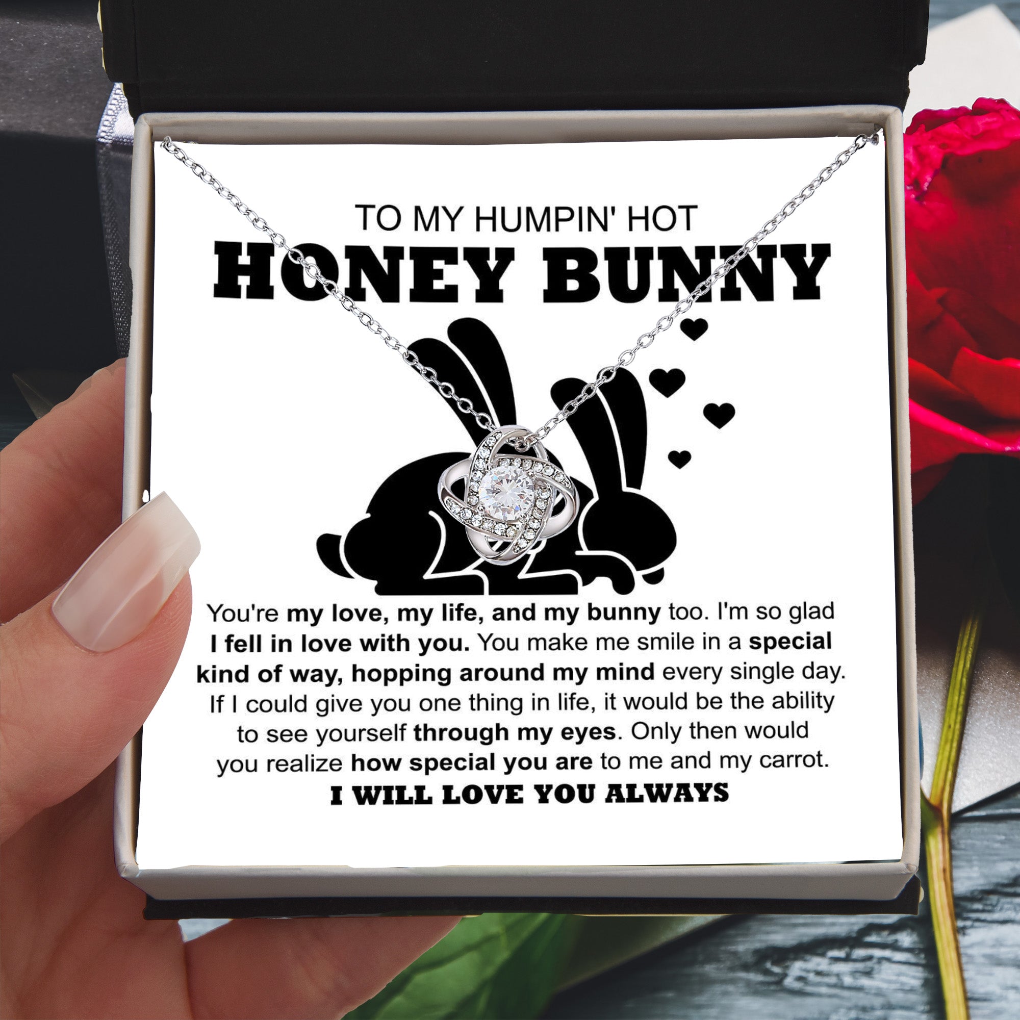 To My Hot Honey Bunny - Love Knot Necklace with Fun and Romantic Message Card - Mallard Moon Gift Shop