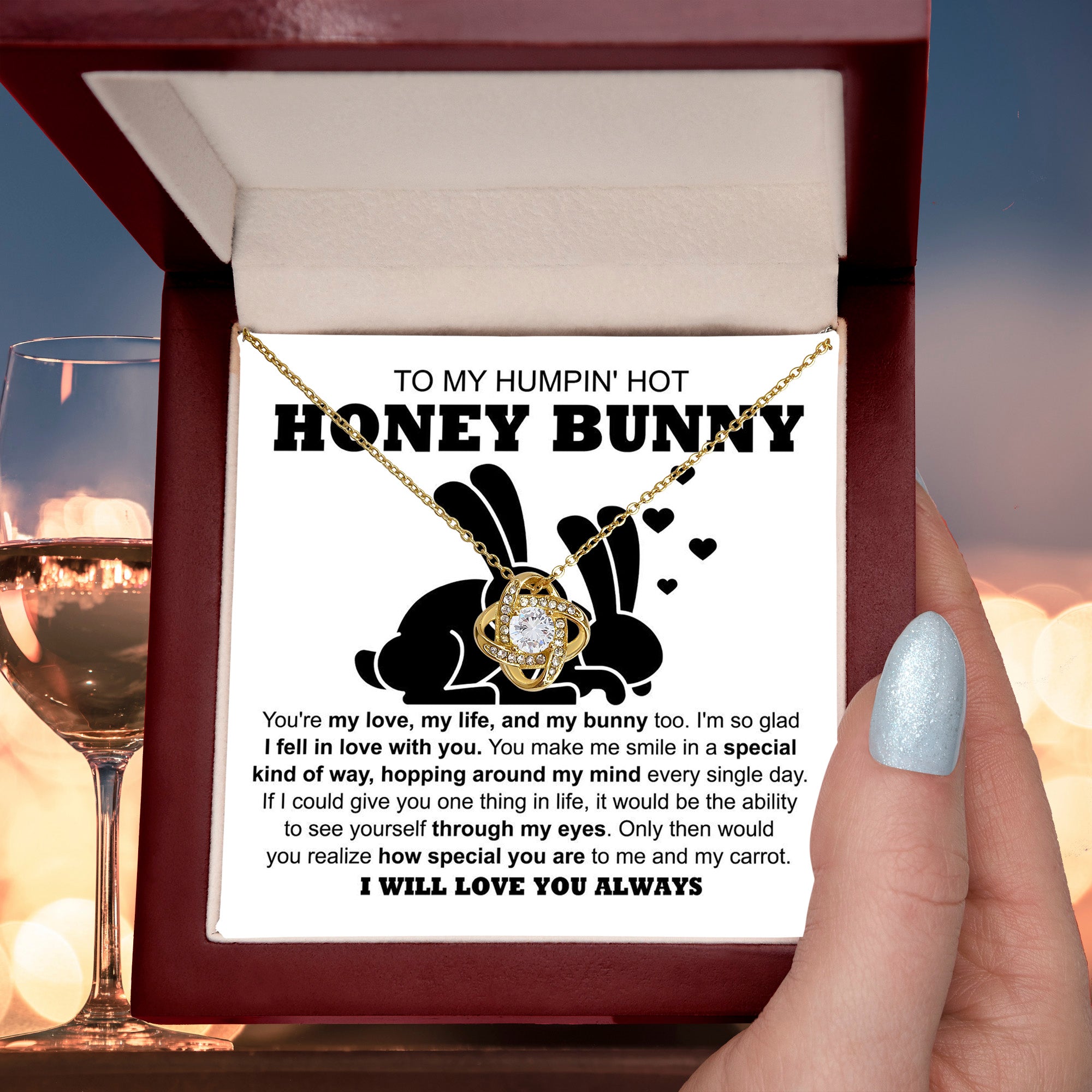 To My Hot Honey Bunny - Love Knot Necklace with Fun and Romantic Message Card - Mallard Moon Gift Shop