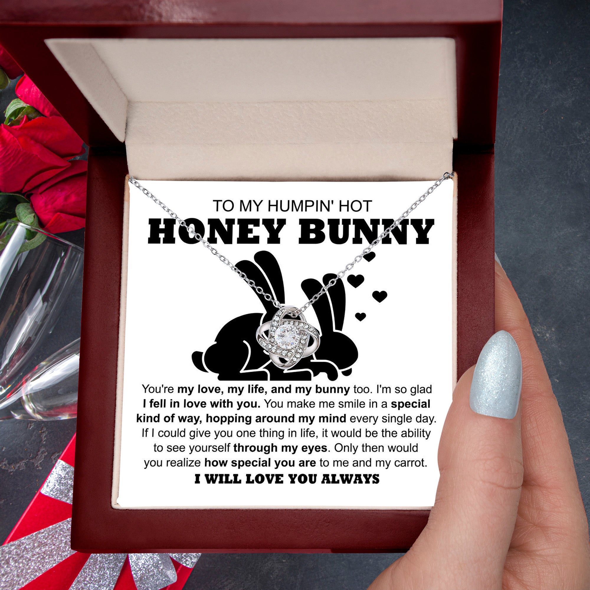 To My Hot Honey Bunny - Love Knot Necklace with Fun and Romantic Message Card - Mallard Moon Gift Shop