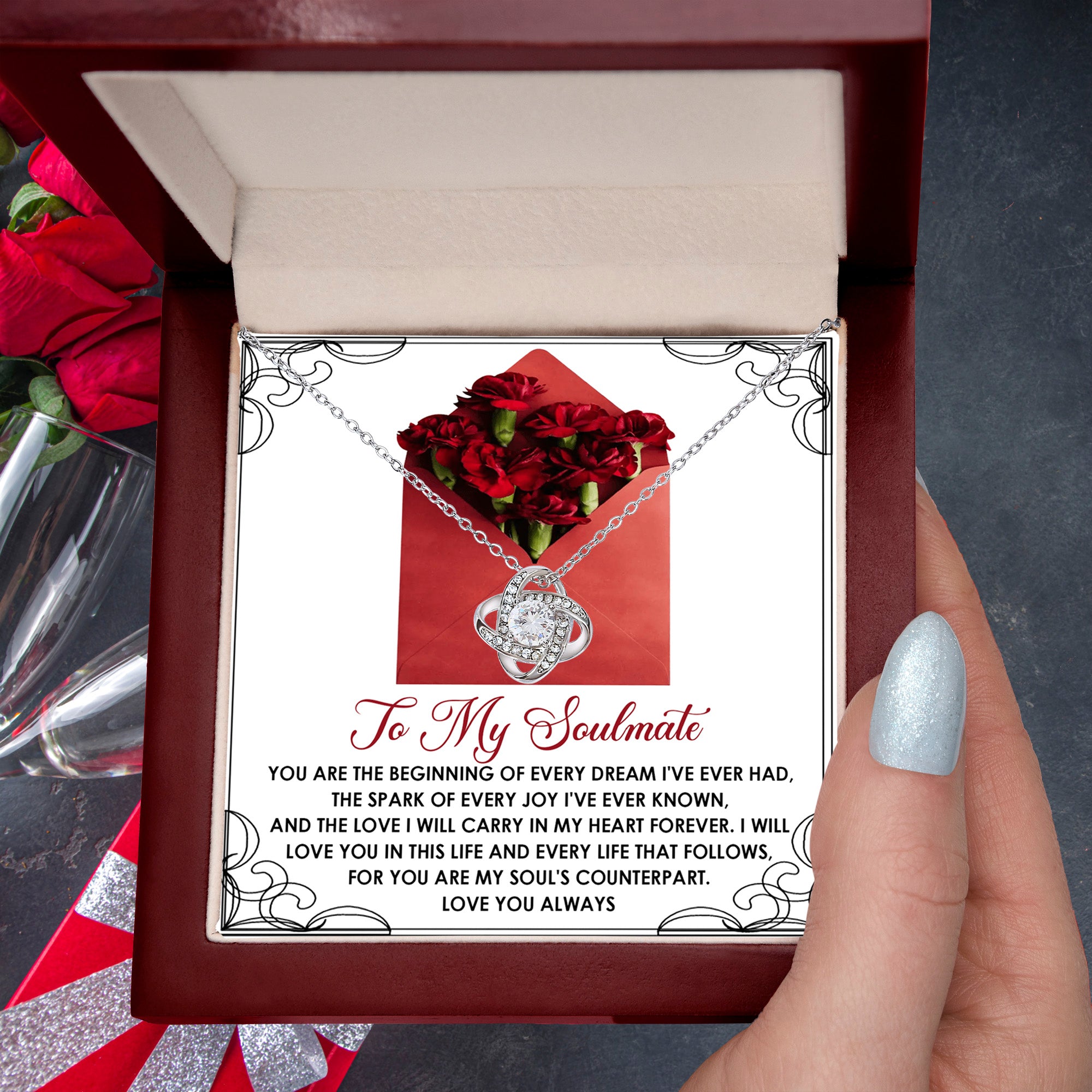 Romantic Anniversary, Valentine's Day Gift for Soulmate, Wife, Girlfriend - Carry In My Heart Forever - Love Knot Pendant Necklace - Mallard Moon Gift Shop