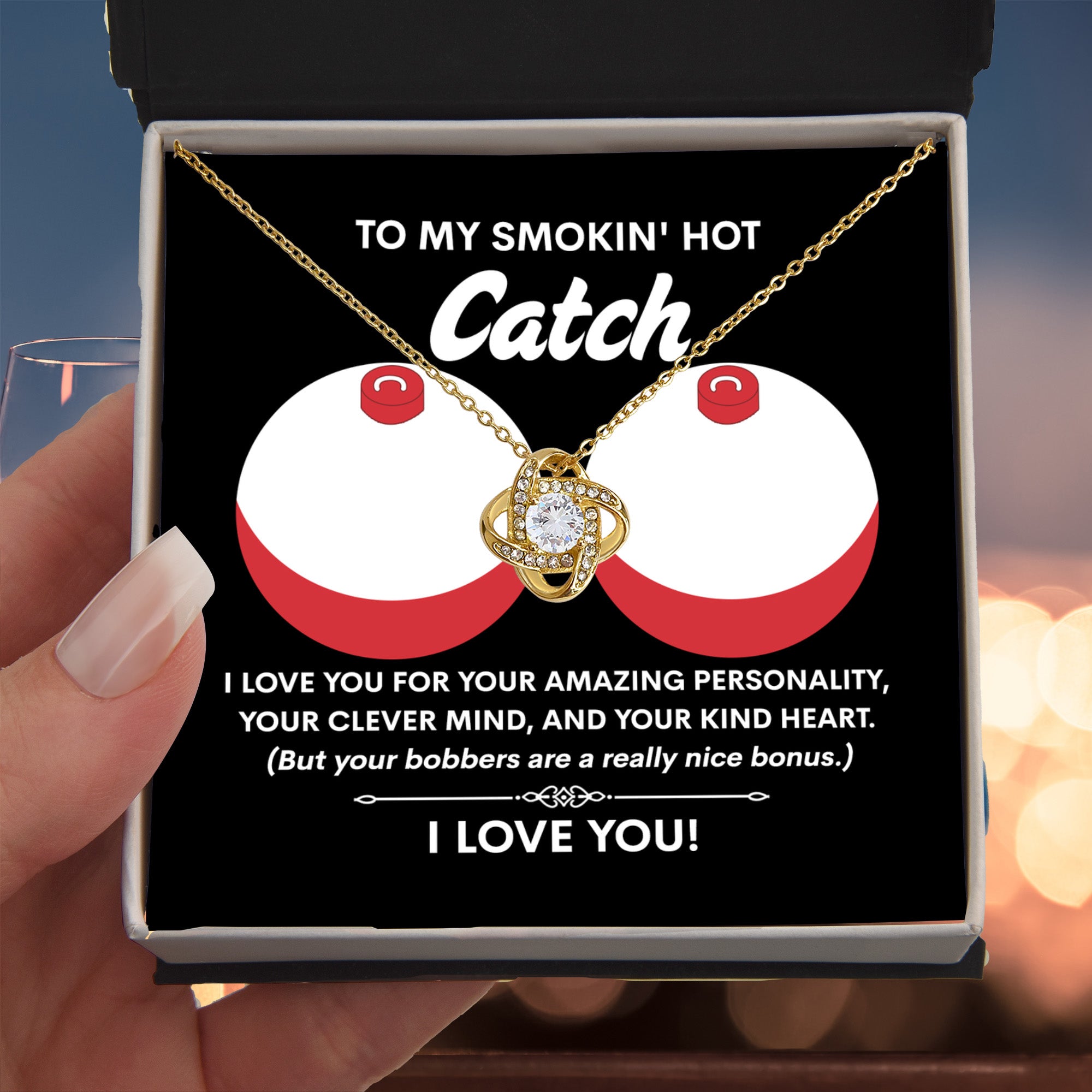 Funny & Romantic Gift for Soulmate - 'Smokin' Hot Catch' Love Knot Necklace and Message Card - Mallard Moon Gift Shop