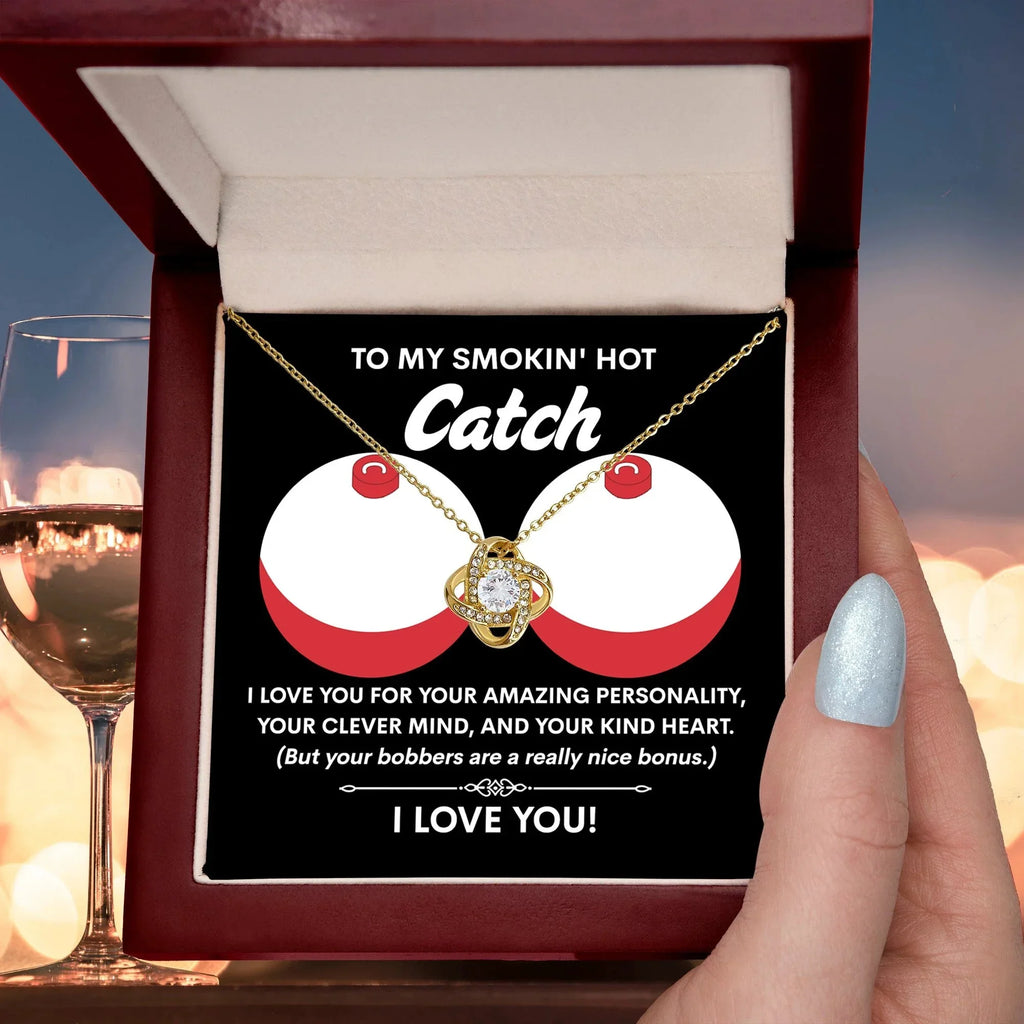 Funny & Romantic Gift for Soulmate - 'Smokin' Hot Catch' Love Knot Necklace and Message Card