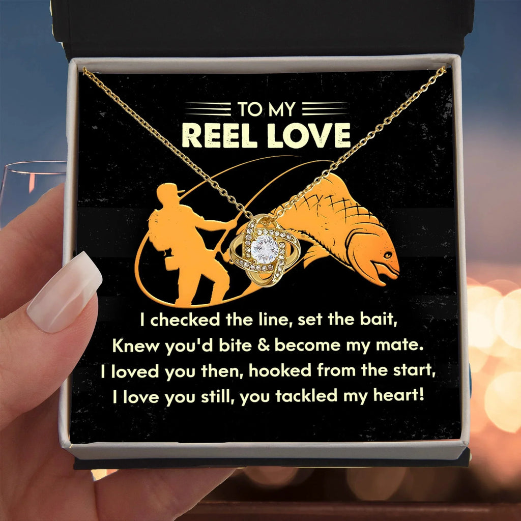 To My Reel Love - Gift for Soulmate - Tackled My Heart - Fishing Themed Message Card with Love Knot Pendant Necklace