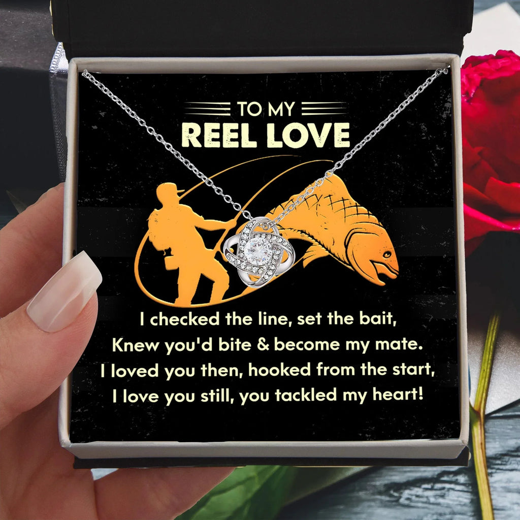 To My Reel Love - Gift for Soulmate - Tackled My Heart - Fishing Themed Message Card with Love Knot Pendant Necklace