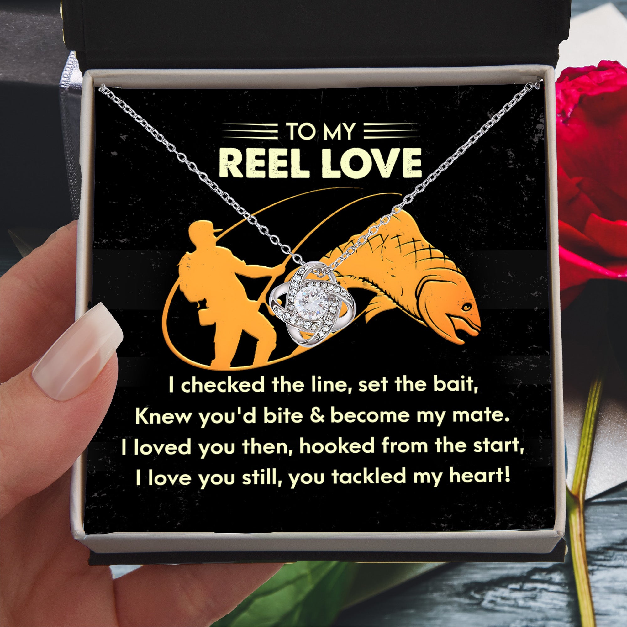 To My Reel Love - Gift for Soulmate - Tackled My Heart - Fishing Themed Message Card with Love Knot Pendant Necklace - Mallard Moon Gift Shop