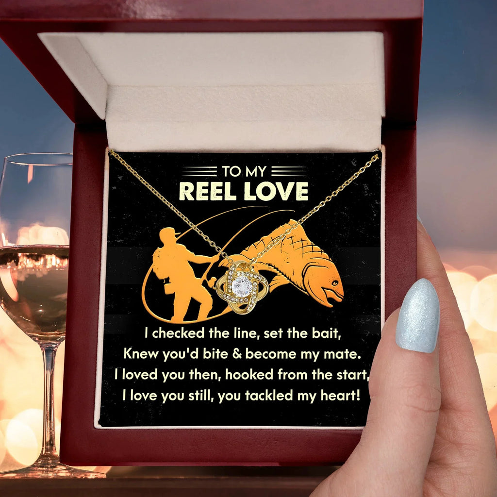 To My Reel Love - Gift for Soulmate - Tackled My Heart - Fishing Themed Message Card with Love Knot Pendant Necklace