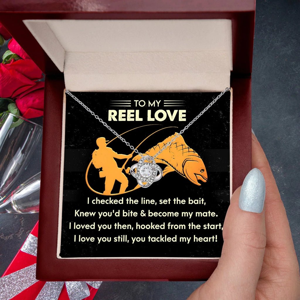 To My Reel Love - Gift for Soulmate - Tackled My Heart - Fishing Themed Message Card with Love Knot Pendant Necklace