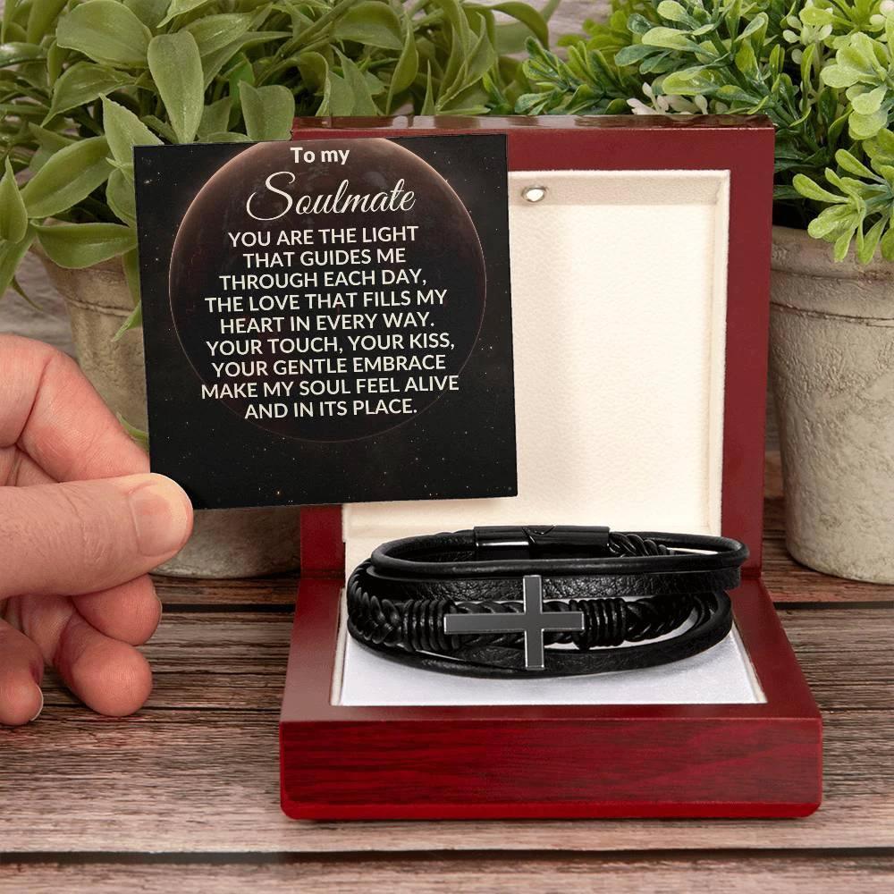 Soulmate - You are the Light That Guides Me - Men's Cross Leather Bracelet
