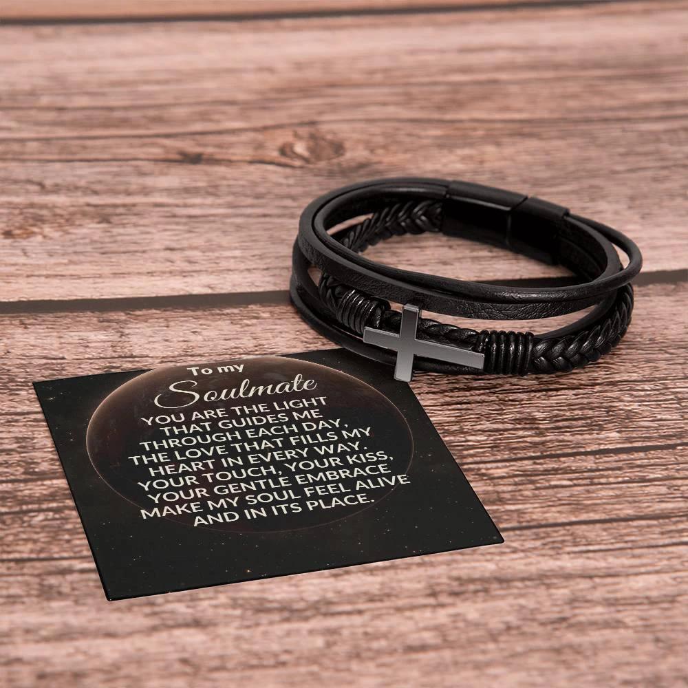 Soulmate - You are the Light That Guides Me - Men's Cross Leather Bracelet