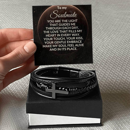 Soulmate - You are the Light That Guides Me - Men's Cross Leather Bracelet - Mallard Moon Gift Shop