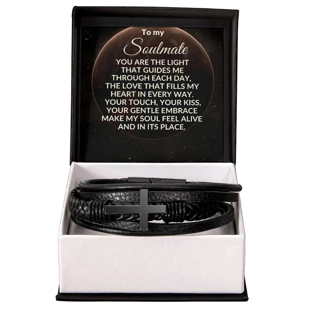 Soulmate - You are the Light That Guides Me - Men's Cross Leather Bracelet