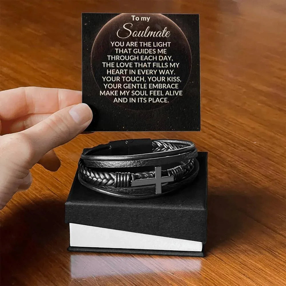 Soulmate - You are the Light That Guides Me - Men's Cross Leather Bracelet