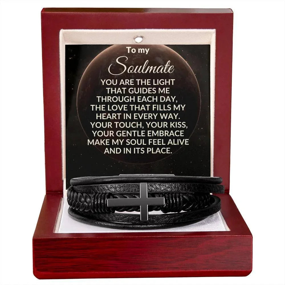 Soulmate - You are the Light That Guides Me - Men's Cross Leather Bracelet