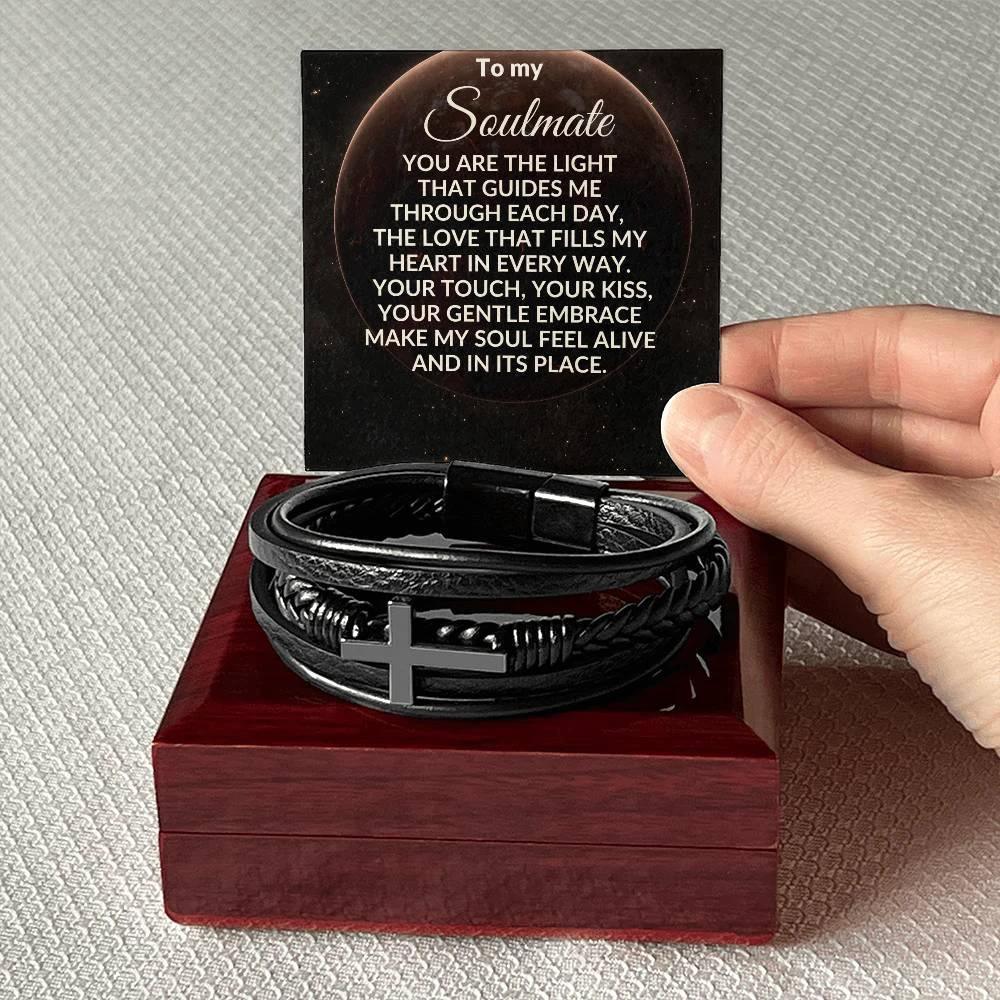 Soulmate - You are the Light That Guides Me - Men's Cross Leather Bracelet