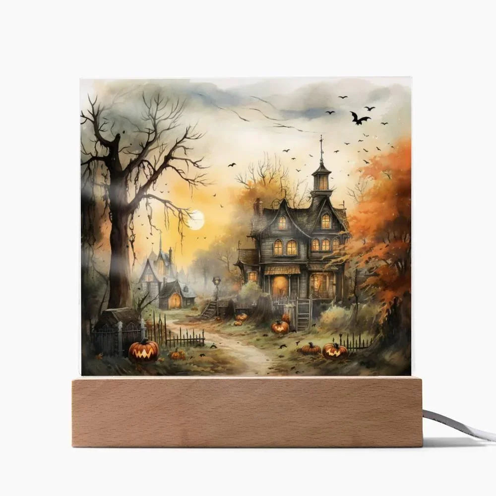 Spectral Spire: Spooky Halloween Mansion Acrylic Square Plaque with LED Lighted Wooden Base