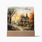 Spectral Spire: Spooky Halloween Mansion Acrylic Square Plaque with LED Lighted Wooden Base