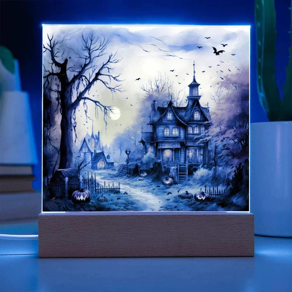 Spectral Spire: Spooky Halloween Mansion Acrylic Square Plaque with LED Lighted Wooden Base