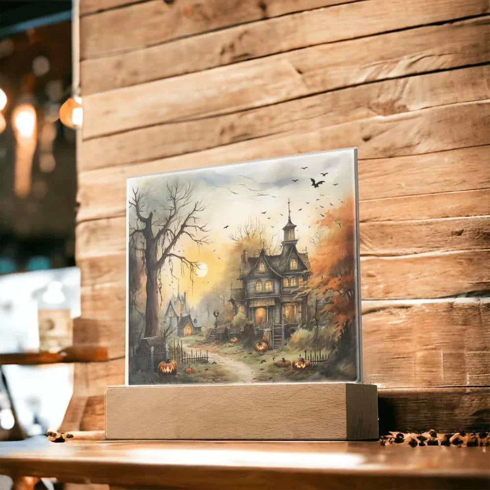 Spectral Spire: Spooky Halloween Mansion Acrylic Square Plaque with LED Lighted Wooden Base