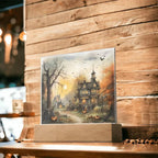 Spectral Spire: Spooky Halloween Mansion Acrylic Square Plaque with LED Lighted Wooden Base