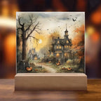 Spectral Spire: Spooky Halloween Mansion Acrylic Square Plaque with LED Lighted Wooden Base