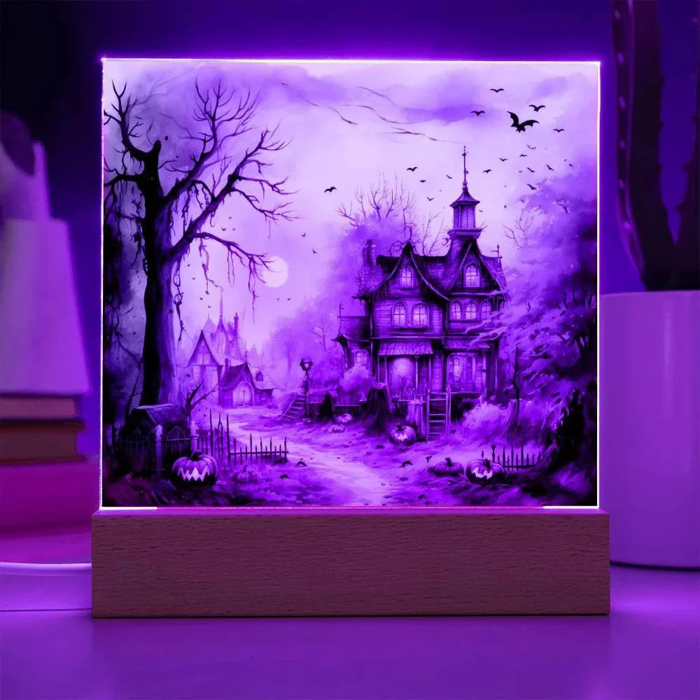 Spectral Spire: Spooky Halloween Mansion Acrylic Square Plaque with LED Lighted Wooden Base