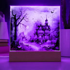 Spectral Spire: Spooky Halloween Mansion Acrylic Square Plaque with LED Lighted Wooden Base