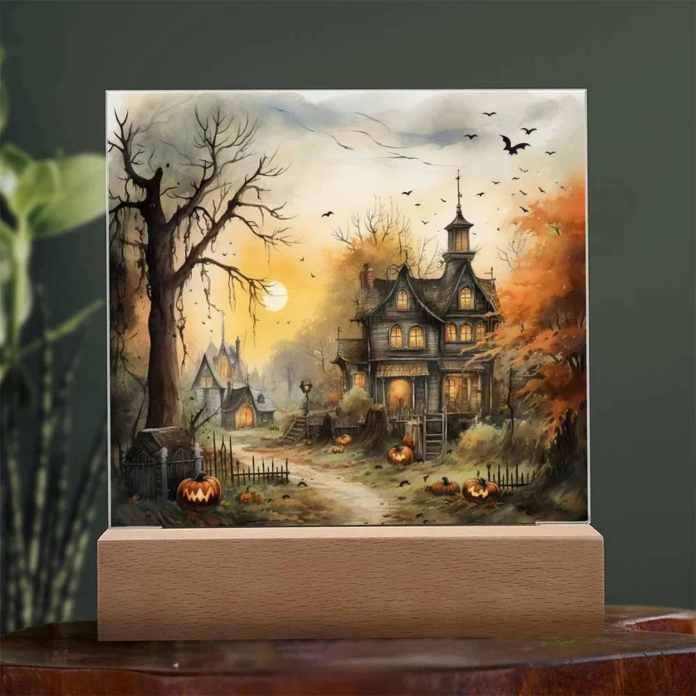 Spectral Spire: Spooky Halloween Mansion Acrylic Square Plaque with LED Lighted Wooden Base