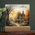 Spectral Spire: Spooky Halloween Mansion Acrylic Square Plaque with LED Lighted Wooden Base