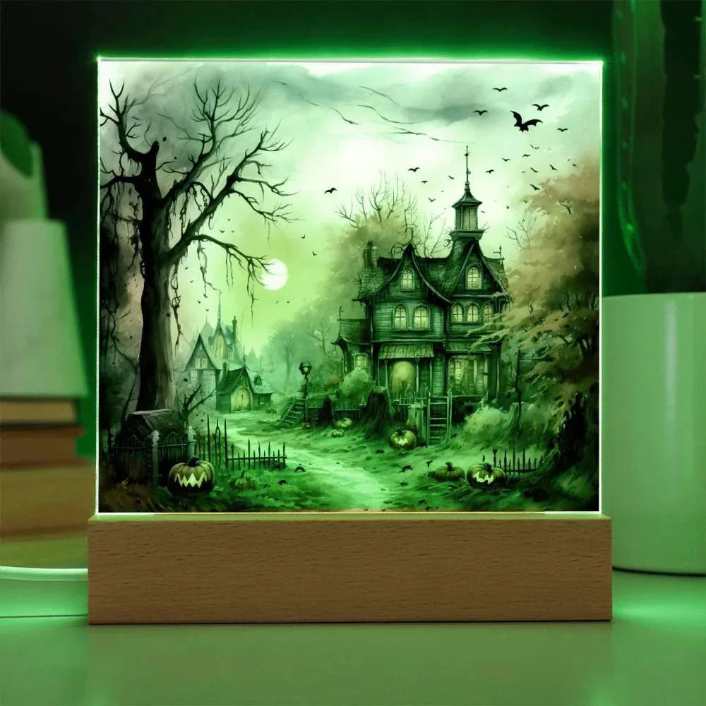 Spectral Spire: Spooky Halloween Mansion Acrylic Square Plaque with LED Lighted Wooden Base