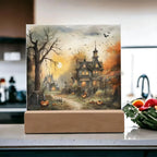 Spectral Spire: Spooky Halloween Mansion Acrylic Square Plaque with LED Lighted Wooden Base