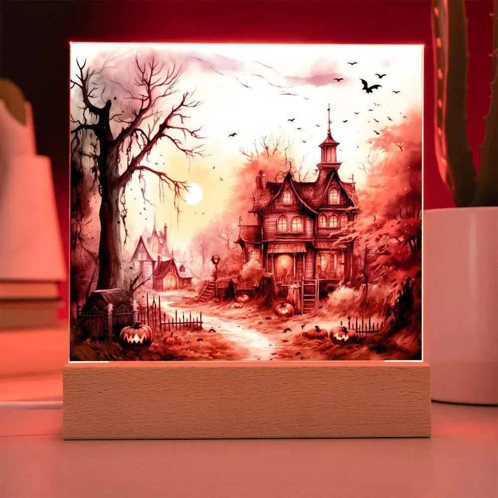 Spectral Spire: Spooky Halloween Mansion Acrylic Square Plaque with LED Lighted Wooden Base