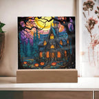 Spooky Halloween Mansion Acrylic Square Plaque with LED Lighted Wooden Base