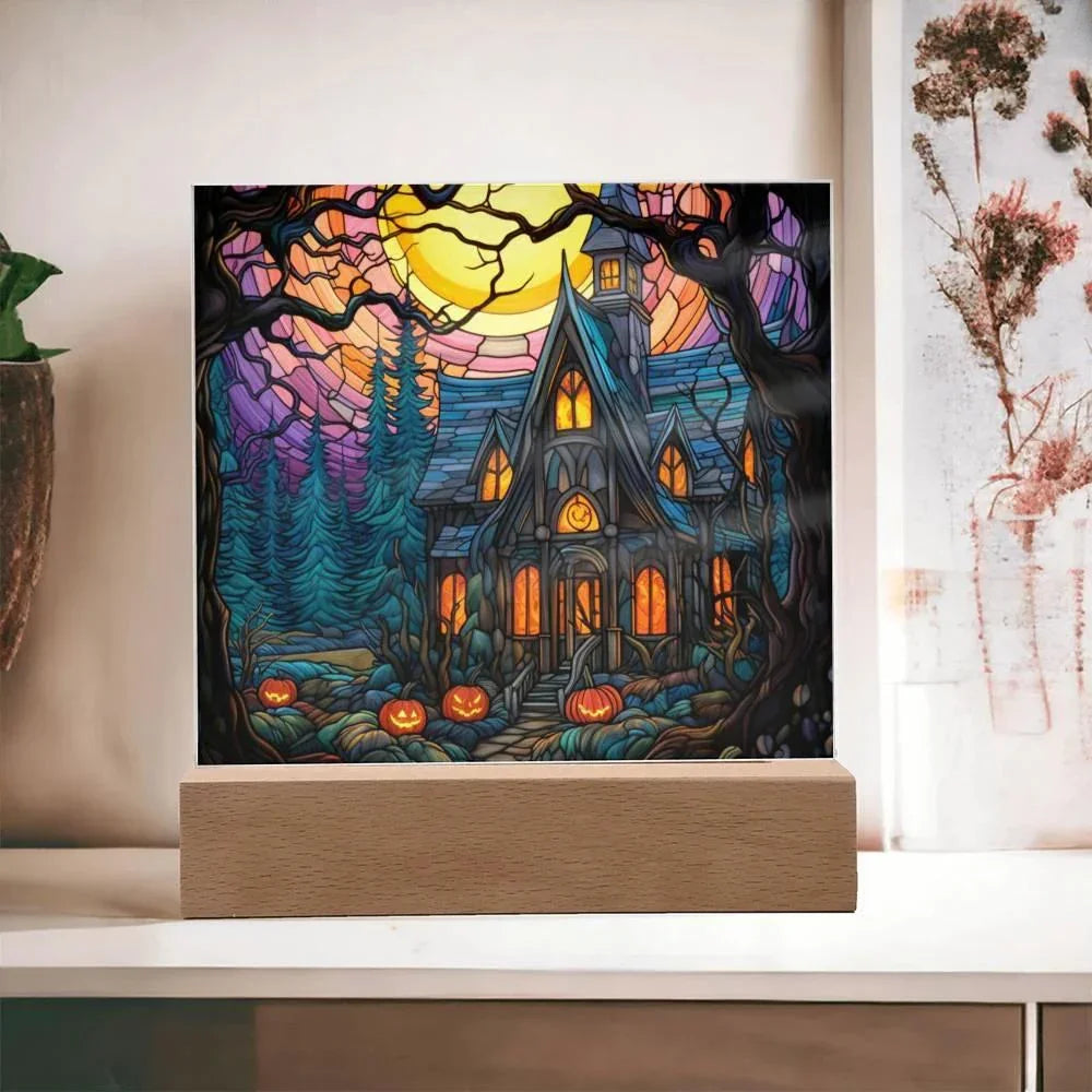 Spooky Halloween Mansion Acrylic Square Plaque with LED Lighted Wooden Base