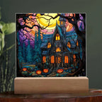 Spooky Halloween Mansion Acrylic Square Plaque with LED Lighted Wooden Base
