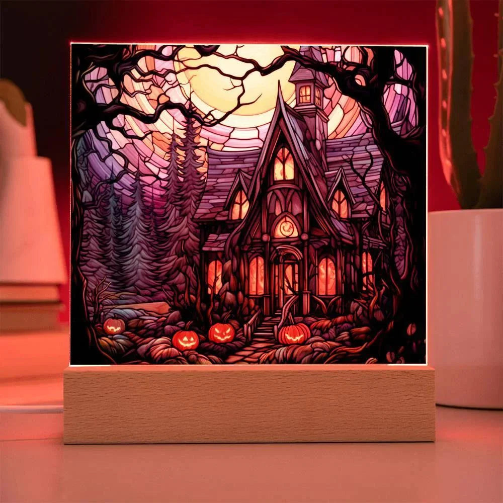 Spooky Halloween Mansion Acrylic Square Plaque with LED Lighted Wooden Base