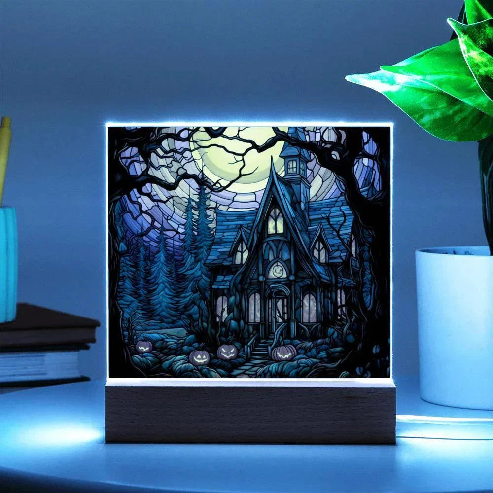 Spooky Halloween Mansion Acrylic Square Plaque with LED Lighted Wooden Base