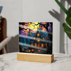 Spooky Halloween Mansion Acrylic Square Plaque with LED Lighted Wooden Base