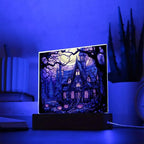 Spooky Halloween Mansion Acrylic Square Plaque with LED Lighted Wooden Base
