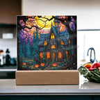 Spooky Halloween Mansion Acrylic Square Plaque with LED Lighted Wooden Base
