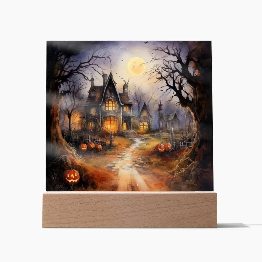 Ghostly Manor: Halloween Acrylic Square Plaque with LED Lighted Wooden Base