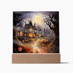 Ghostly Manor: Halloween Acrylic Square Plaque with LED Lighted Wooden Base