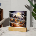 Ghostly Manor: Halloween Acrylic Square Plaque with LED Lighted Wooden Base