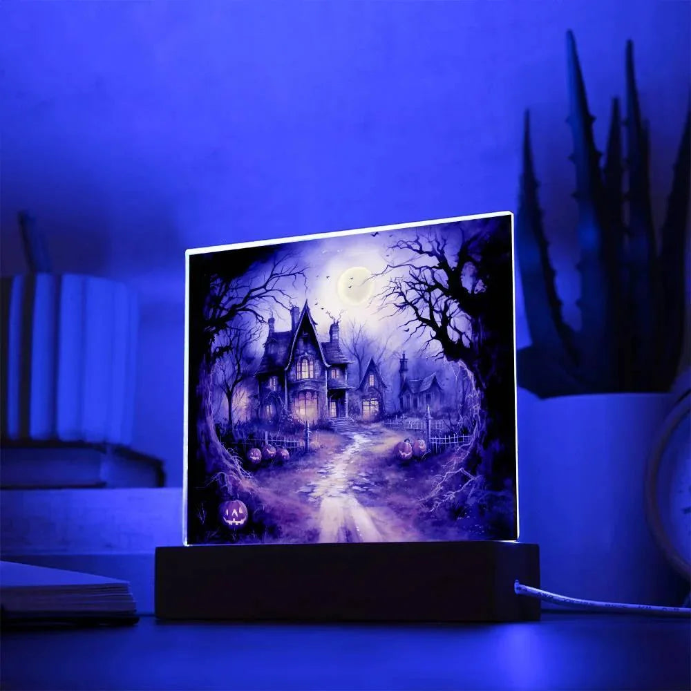 Ghostly Manor: Halloween Acrylic Square Plaque with LED Lighted Wooden Base